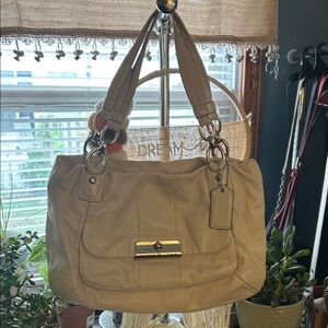 Coach Kristin Leather Zip Top Beige Shoulder Bag with Gold Accents